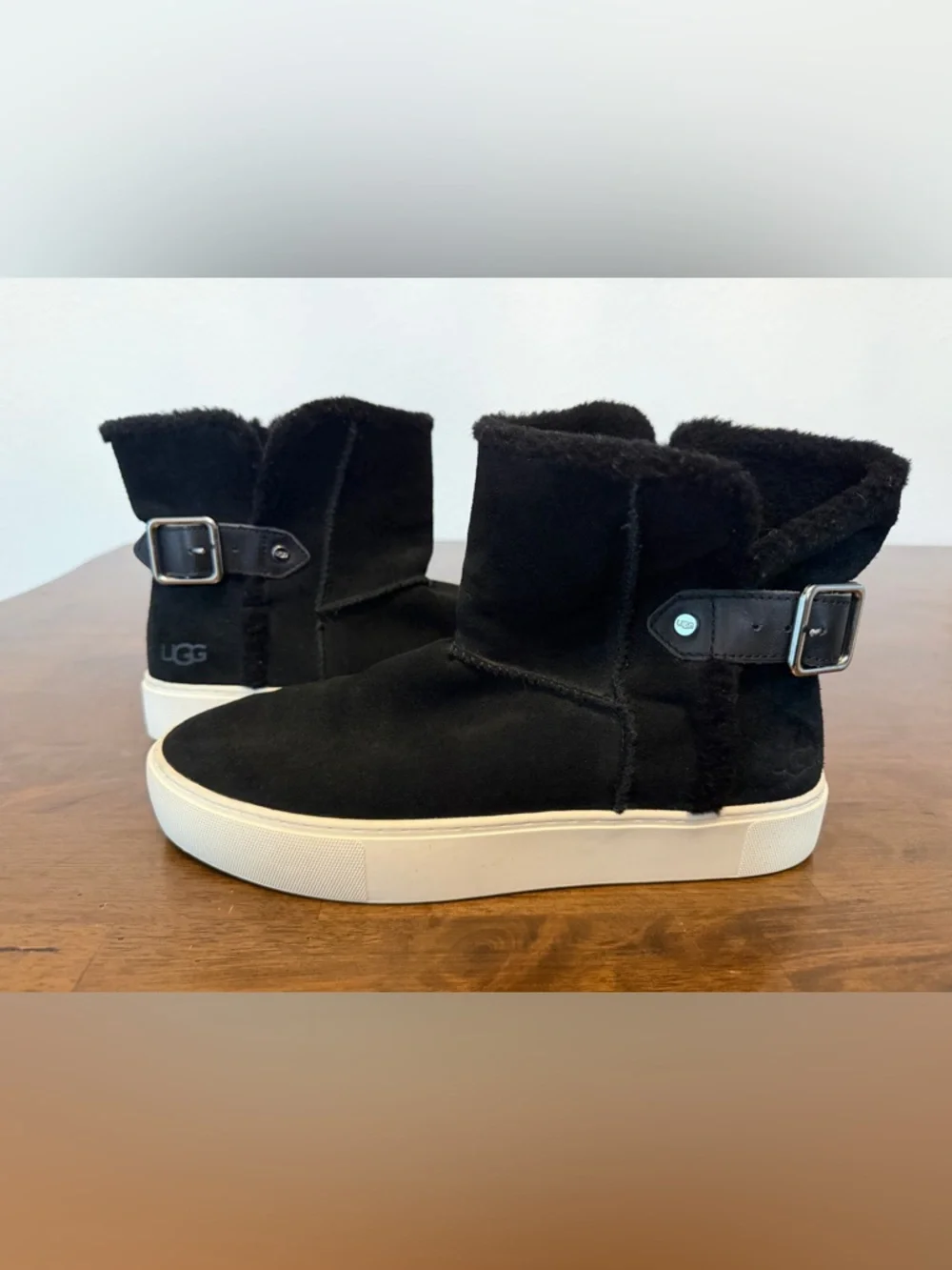 UGG Aika Mid-Height Flat Boots Black Genuine Suede Booties Fur Lining